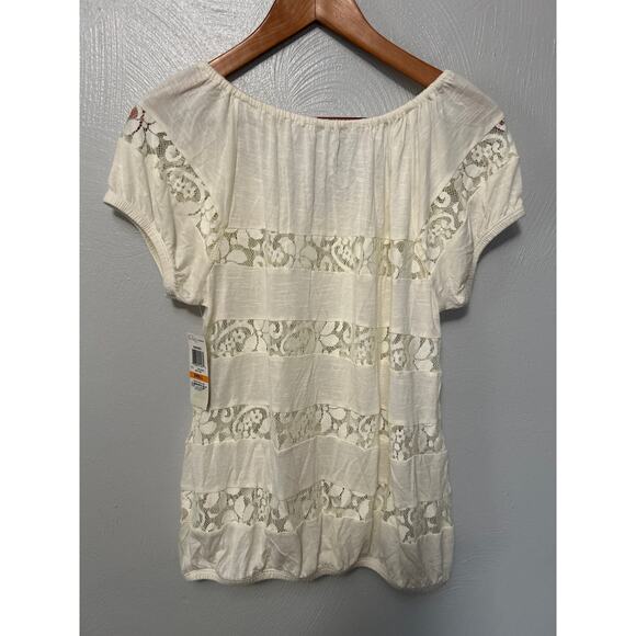 INC Ivory Cream Short Sleeve Sheer Lace Round Neck Elastic Hem Blouse Size Small - Picture 9 of 11